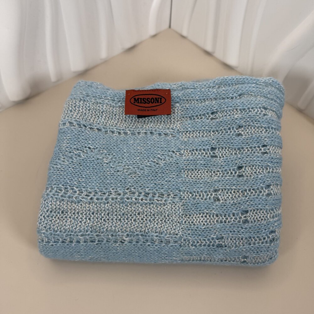 MISSONI Light Aqua Blue Metallic Open Knit Scarf Wrap Made in Italy